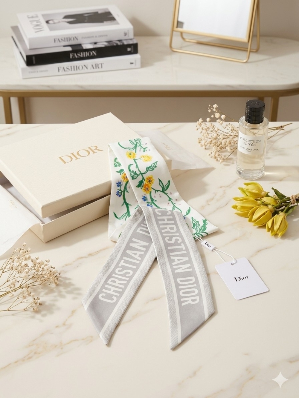 Dior White Floral Twilly with Gray Logo Panels With Box